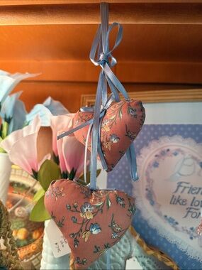 Grandma Core Floral Heart Hanging Ornaments with Blue Ribbon